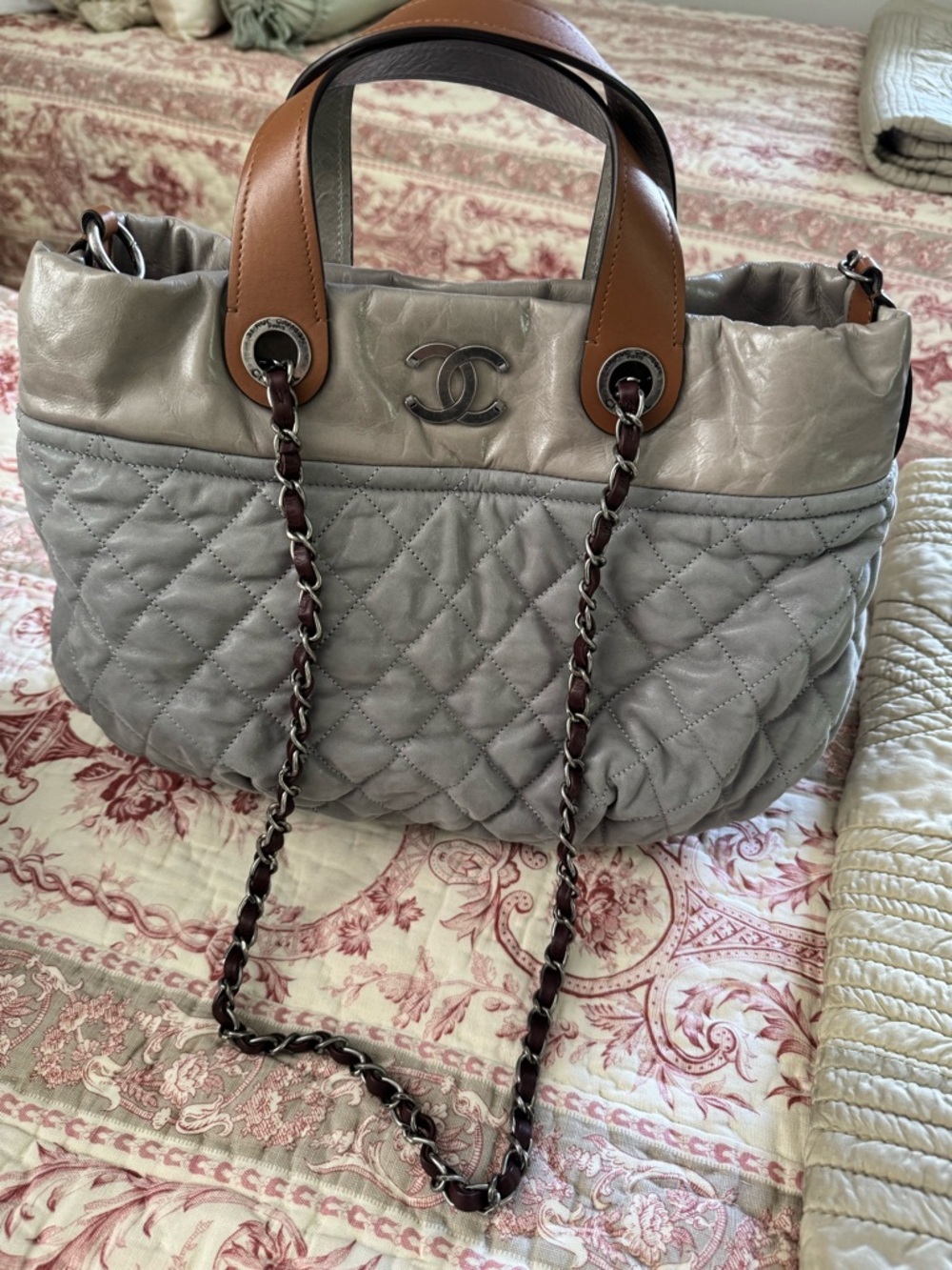 Chanel  Quilted Shoulder Bag in Light Gray with Tan Handles